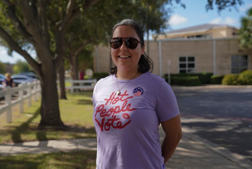 Kelly Monroy, 39, who voted straight Democrat, poses for a photo after voting at Lark Branch Library in McAllen, Texas on Oct. 22, 2024. Monroy says that she voted straight Democrat because she believes in reproductive freedom for women and immigration reform.
Verónica Gabriel Cárdenas for The Texas Tribune